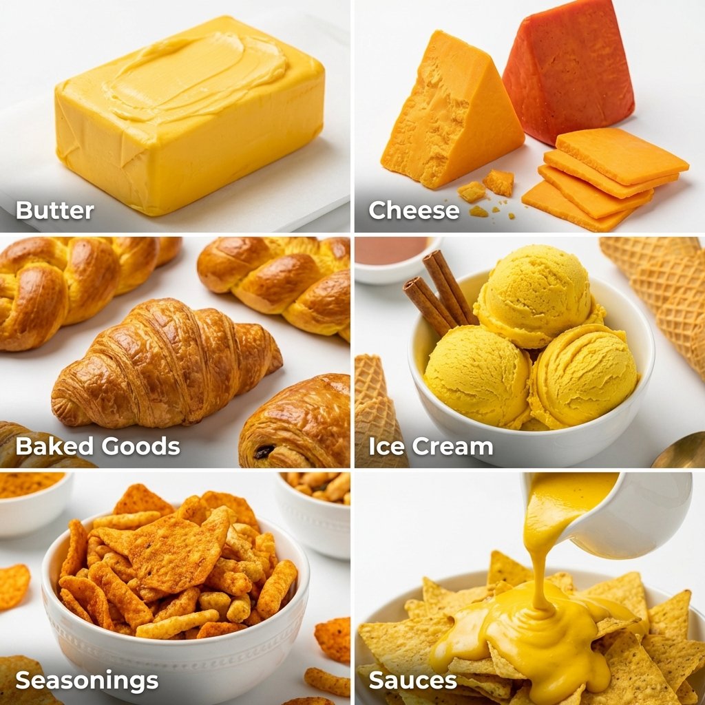 Annatto applications: Butter, Cheese, Baked Goods, Ice Cream, Seasonings, Sauces