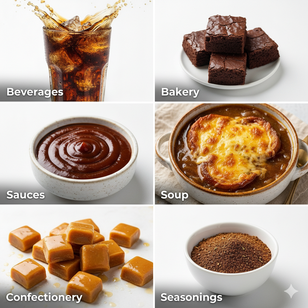 Caramel applications: Beverages, Bakery, Sauces, Soup, Confectionery, Seasonings