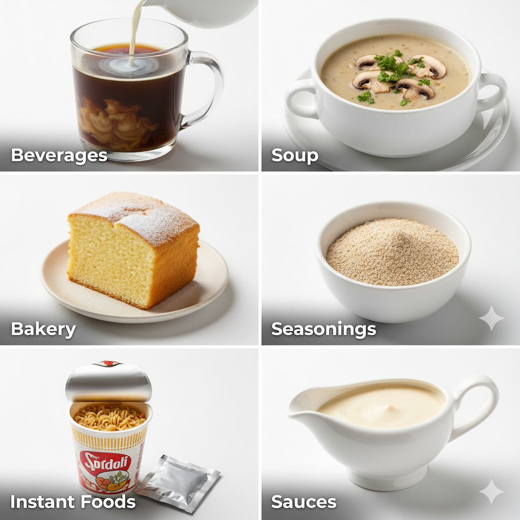 Fat Powder applications: Beverages, Soup, Bakery, Seasonings, Instant Foods, Sauces